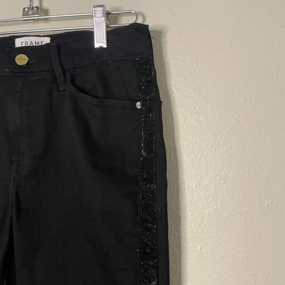 Frame Black Le High Straight Velvet Sparkle Side Stripe Step Hem Jeans Size 28 - Picture 3 of 11